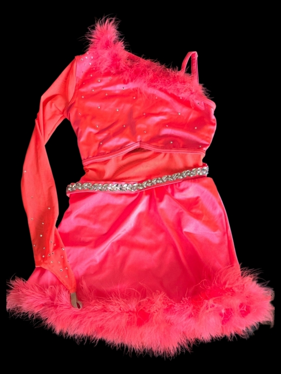 Girls Weissman Coral Pink Competition Dress with Feather Trim Dance/Ice Skating - Picture 3 of 13